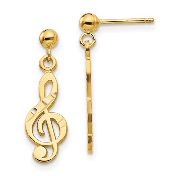 Real 14K Yellow Gold Treble Clef Music Note Drop Dangle Post Earrings 22mm
